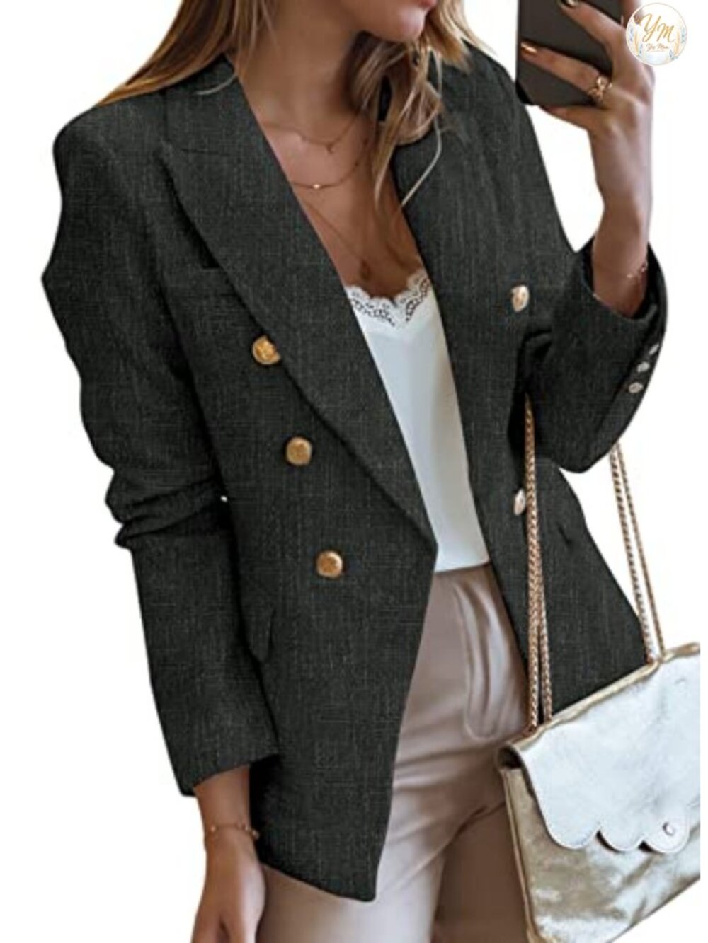 Women's Tweed Blazer Double Breasted Slim Fit Long Sleeve Office Work Jacket